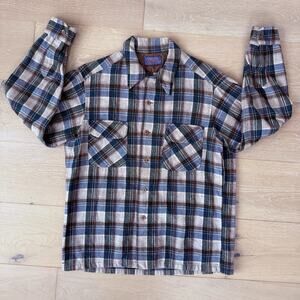 Vintage Pendleton Board Shirt Men Lg Blue Brown Wool Loop Collar Flannel 60s
